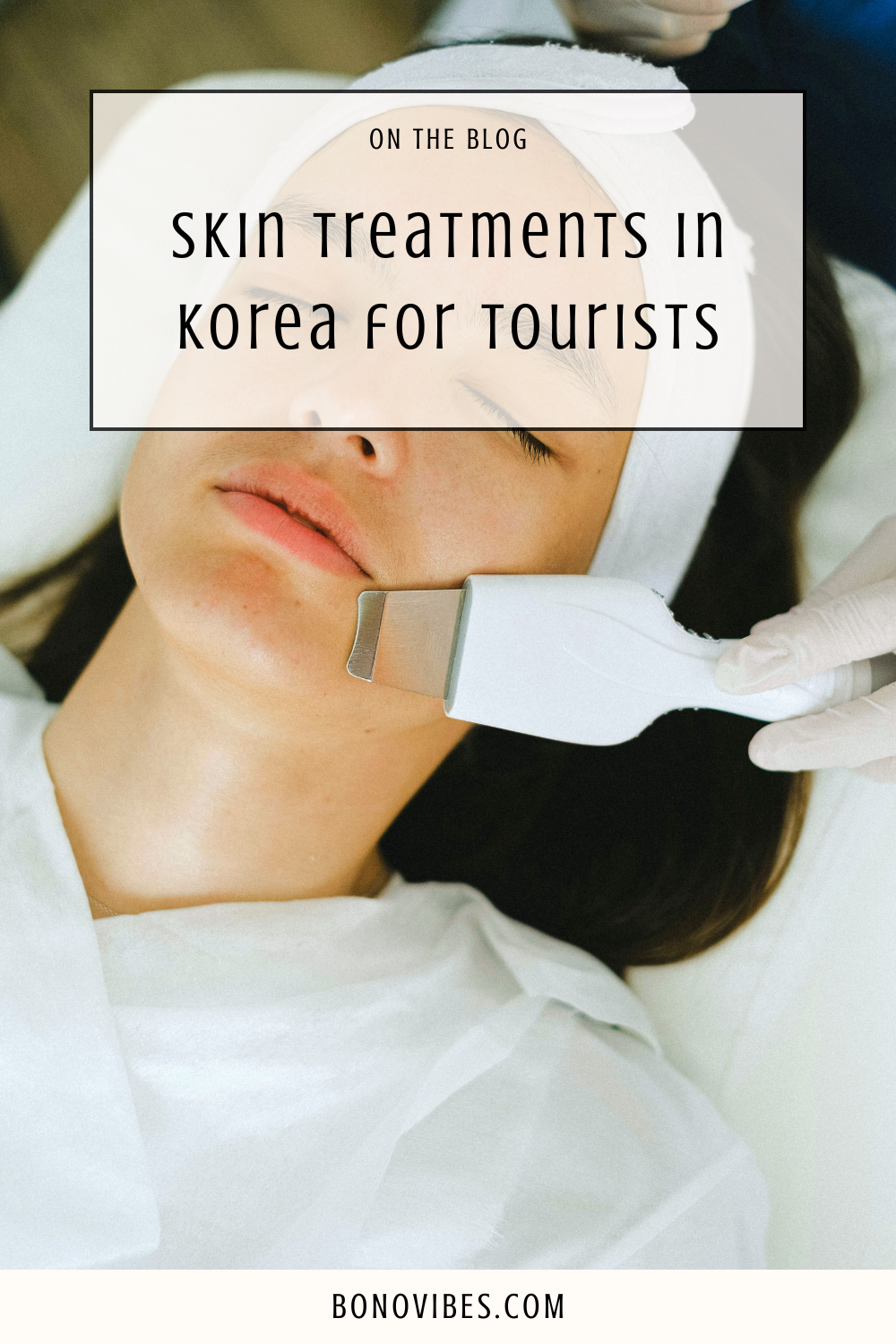 “Tourist receiving a facial skin treatment in Korea with a skincare device at a clinic – blog cover for Bonovibes.com about popular Korean skincare procedures for travelers”